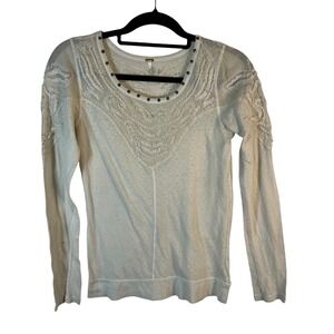 Free People‎ Ivory Embroidered Mesh Studded Long Sleeve Thermal Top Size M boho